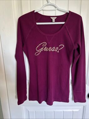 GUESS Plum Rhinestone Logo Waffle Knit Long Sleeve Top